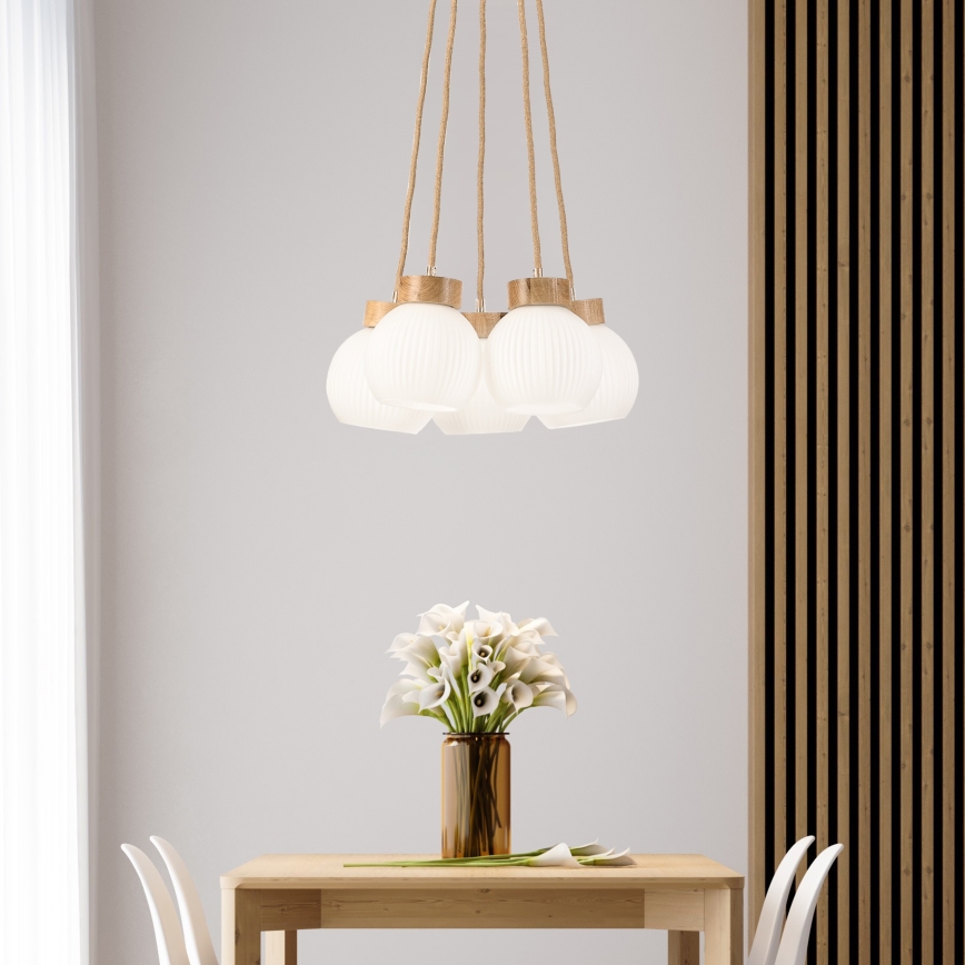 Lámpara colgante con cable LOOMIS 5xE27/15W/230V 83 cm beige/roble