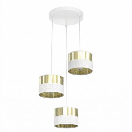Lámpara colgante con cable LUX 3xE27/15W/230V blanco/dorado