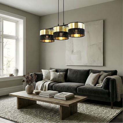 Lámpara colgante con cable LUX 3xE27/15W/230V negra/dorada