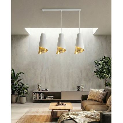 Lámpara colgante con cable MODA 3xE27/15W/230V blanca/dorada