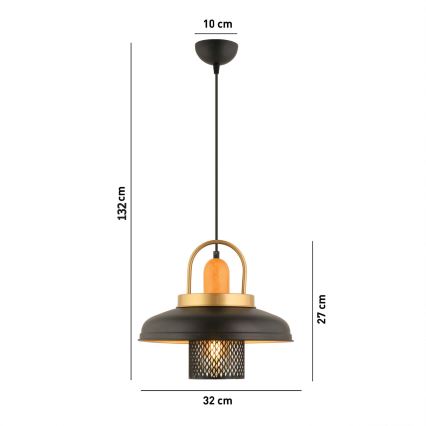 Lámpara colgante con cable MONZA 1xE27/40W/230V, diámetro 32 cm, negro/dorado