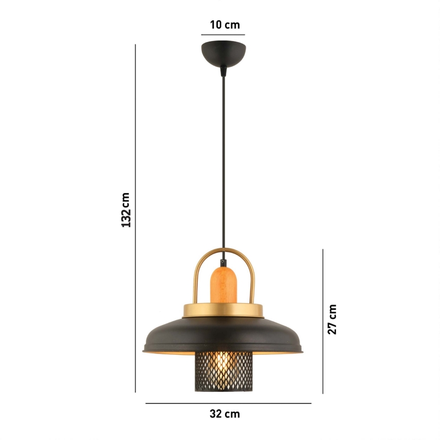 Lámpara colgante con cable MONZA 1xE27/40W/230V, diámetro 32 cm, negro/dorado