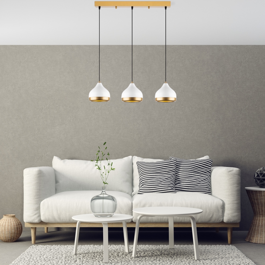 Lámpara colgante con cable YILDO 3xE27/40W/230V blanca/dorada