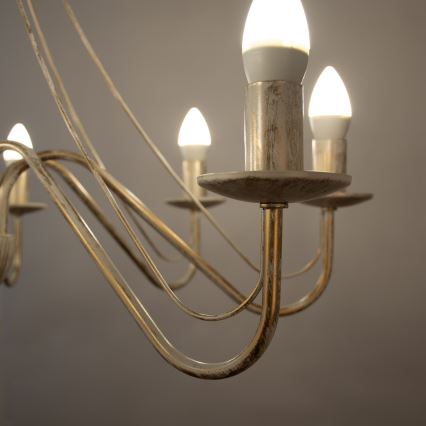 Lámpara colgante con cadena MALBO 8xE14/10W/230V blanco/dorado/pátina