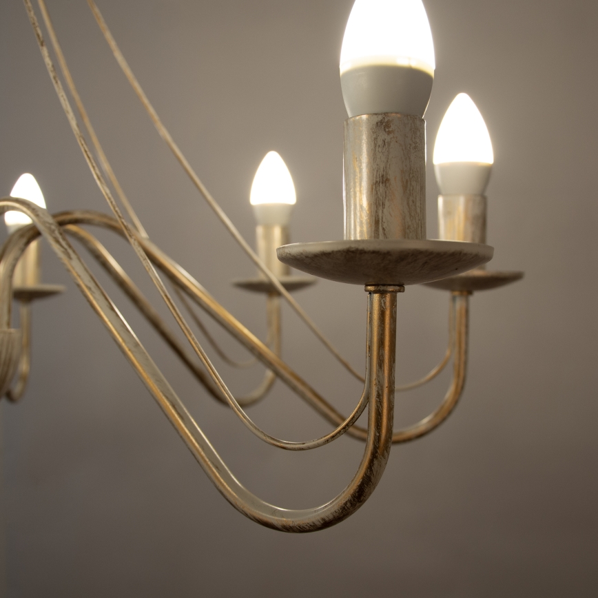 Lámpara colgante con cadena MALBO 8xE14/10W/230V blanco/dorado/pátina