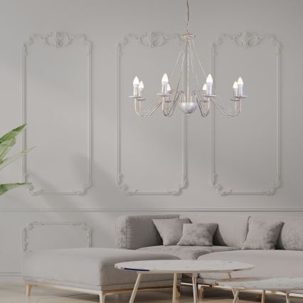 Lámpara colgante con cadena MALBO 8xE14/10W/230V blanco/dorado/pátina