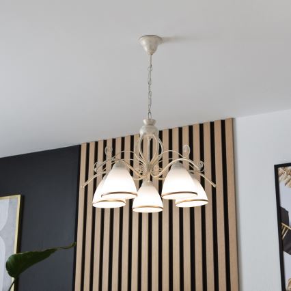 Lámpara colgante con cadena RETRO II 5xE27/60W/230V, acabado en pátina blanca
