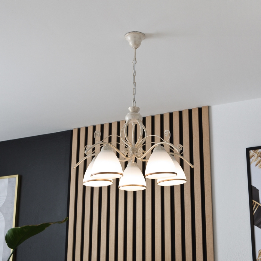 Lámpara colgante con cadena RETRO II 5xE27/60W/230V, acabado en pátina blanca