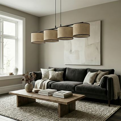 Lámpara colgante ECO con cable 4xE27/15W/230V beige/ratán