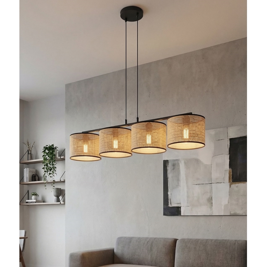 Lámpara colgante ECO con cable 4xE27/15W/230V beige/ratán