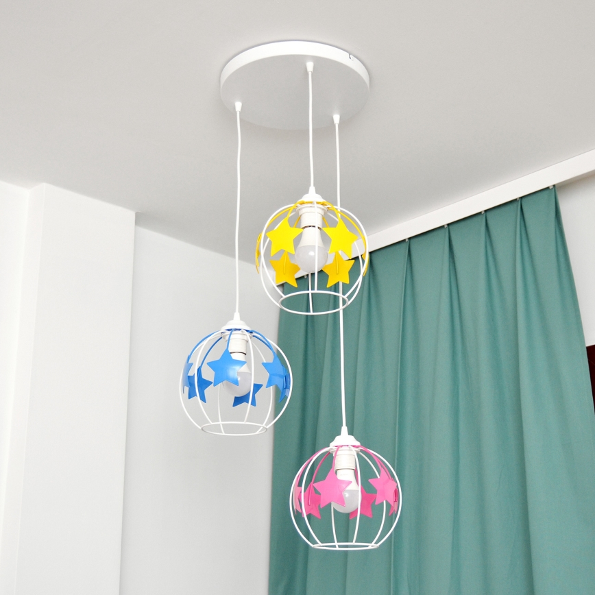 Lámpara colgante infantil STARS 3xE27/15W/230V azul/rosa/amarillo
