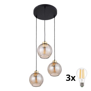 Lámpara colgante LED con cable DEVI 3xE27/15W/230V negro/beige ahumado