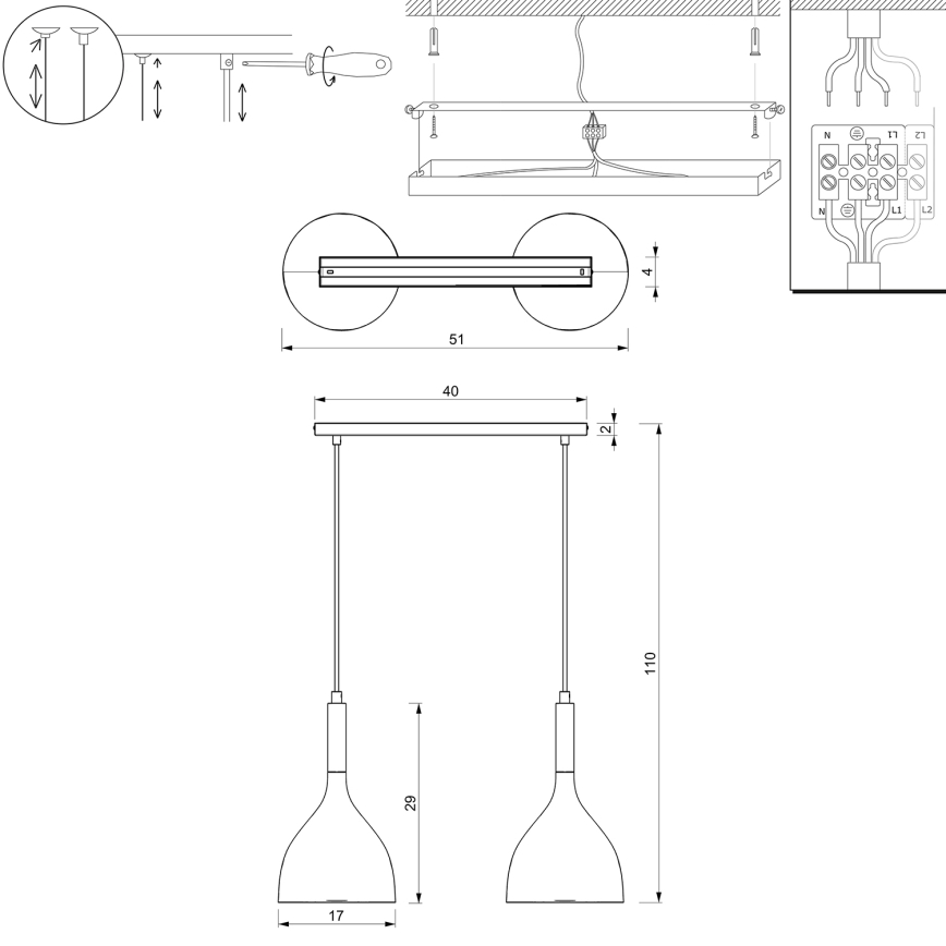 Lámpara colgante NOAK 2xE27/15W/230V latón/dorado