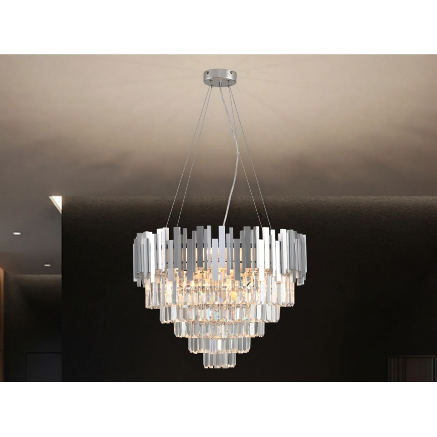 Lámpara de araña de cristal con cable PLAZA 9xE14/40W/230V, diámetro 60 cm, plateada