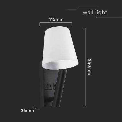 Lámpara de pared LED con puerto USB LED/2W/230V 3000K negra/blanca