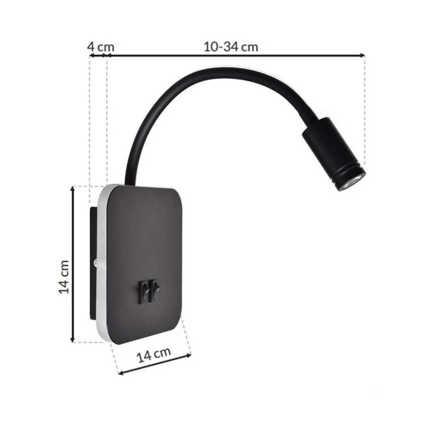 Lámpara de pared LED flexible BASE LED/8W+LED/2W/230V negro/plateado