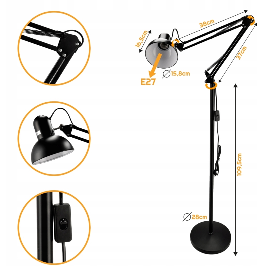 Lámpara de pie 1xE27/40W/230V negra