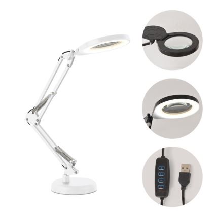 Lámpara de mesa LED regulable con lupa 2 en 1 AURIQ LOUPE LED/10W/5V 3000/4000/6500K blanca