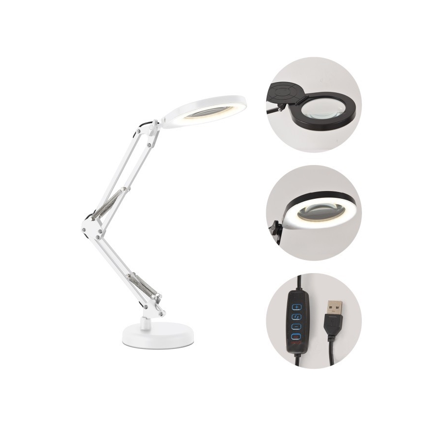 Lámpara de mesa LED regulable con lupa 2 en 1 AURIQ LOUPE LED/10W/5V 3000/4000/6500K blanca