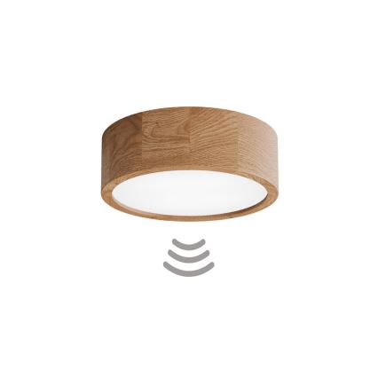 Lámpara de techo CLEO con sensor de movimiento y de crepúsculo, 2xE27/24W/230V, Ø 27,5 cm, acabado roble