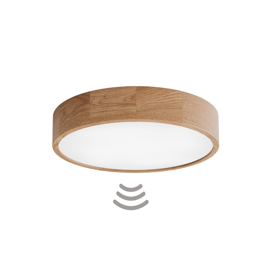 Lámpara de techo CLEO con sensor de movimiento y crepuscular 4xE27/24W/230V, diámetro 47,5 cm, acabado roble