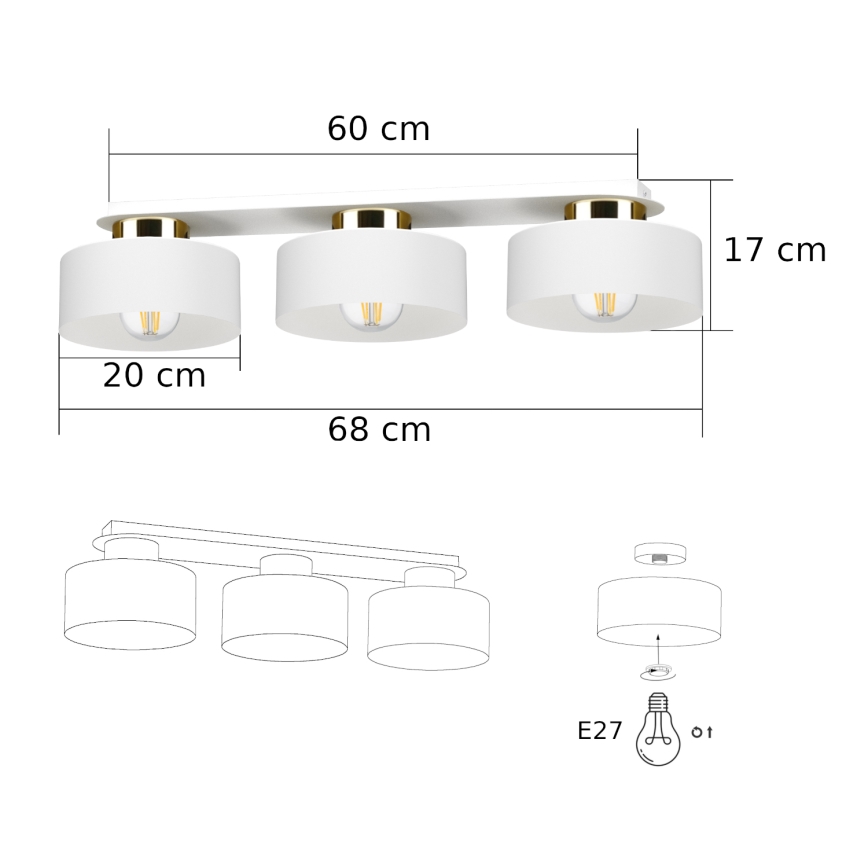Lámpara de techo IGNIA 3xE27/60W/230V blanca/dorada