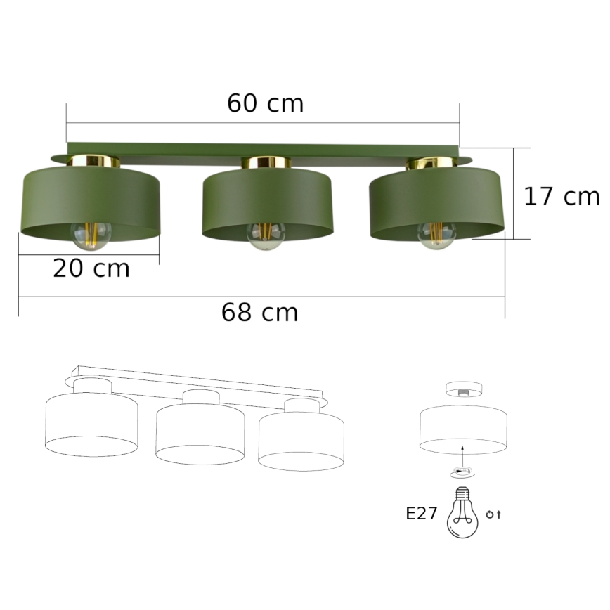 Lámpara de techo IGNIA 3xE27/60W/230V verde/dorado