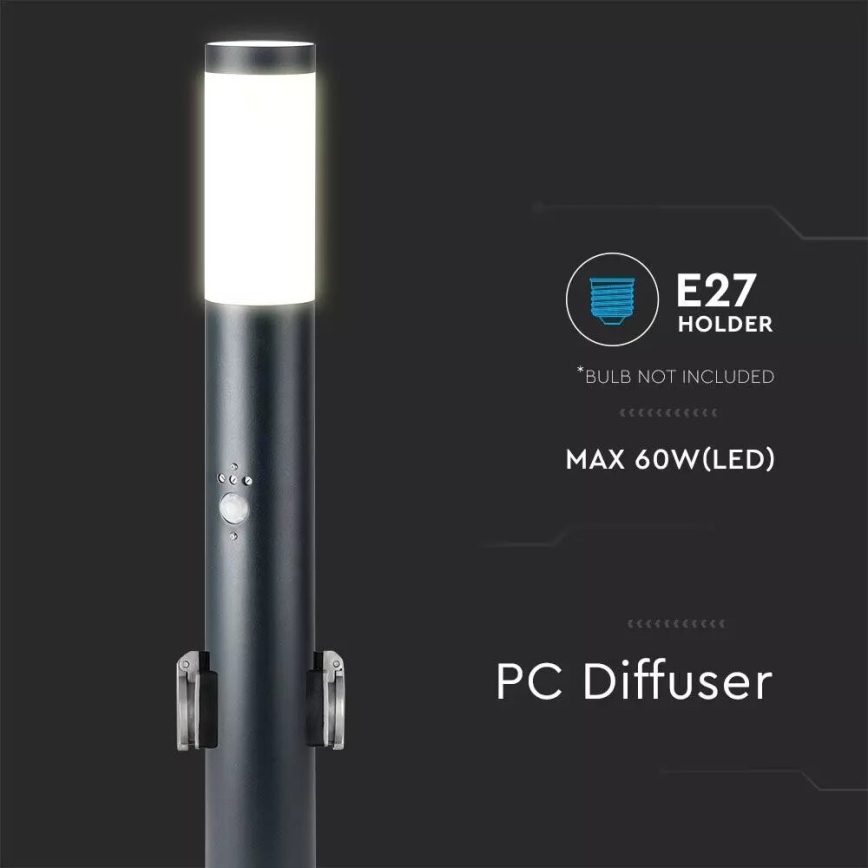 Lámpara exterior con sensor y 2 enchufes SCHUKO 1xE27/60W/230V IP44 60cm negro