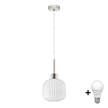Lámpara LED colgante con cable HARMA 1xE27/60W/230V, diámetro 20 cm, cromo mate/blanco
