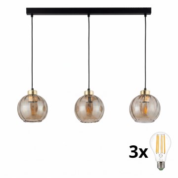 Lámpara LED colgante DEVI con cable, 3x E27/15W/230V, negro/beige ahumado