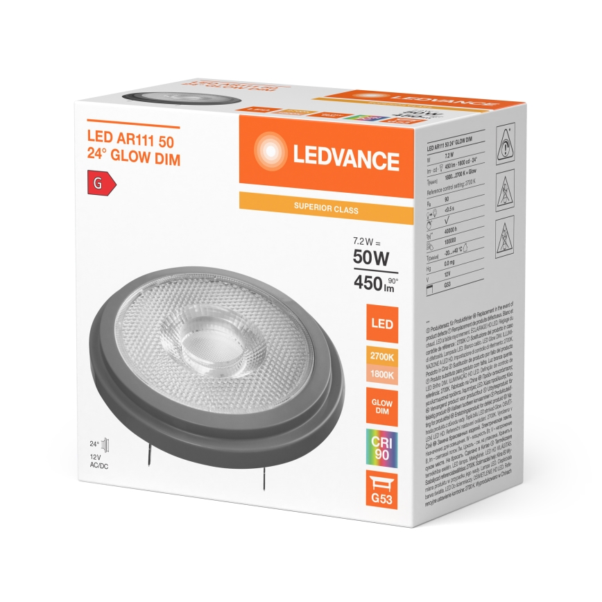 Lámpara LED regulable AR111 G53/7,2W/12V 1800-2700K 24° CRI 90 - Ledvance