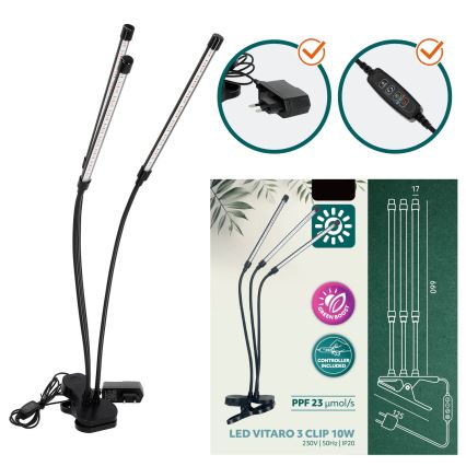 Lámpara de mesa flexible LED regulable con clip para el cultivo de plantas VITARO 3xLED/10W/230V negro