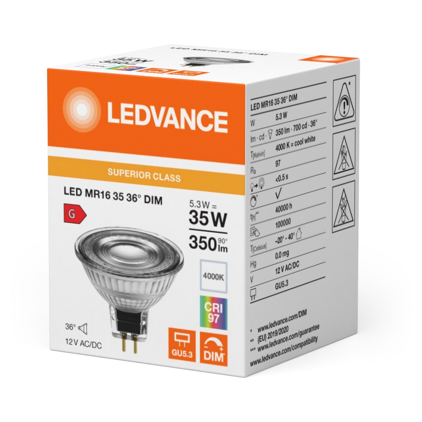 Bombilla LED reflectora regulable MR16 GU5,3/5,3W/12V 4000K 36° CRI 97 - Ledvance