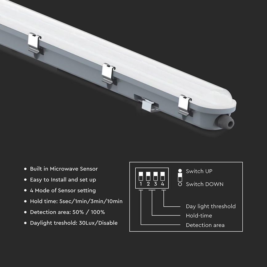 LED luminaria técnica tipo fluorescente con sensor de movimiento y sensor crepuscular LED/36W/230V 6500K IP65 120 cm