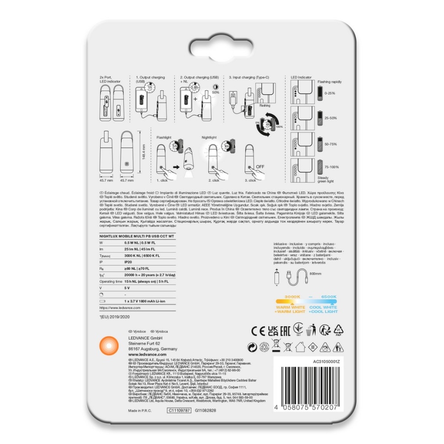 Ledvance - Power bank LED con función de linterna MOBILE LED/0,5W/5V 1800mAh 2xUSB