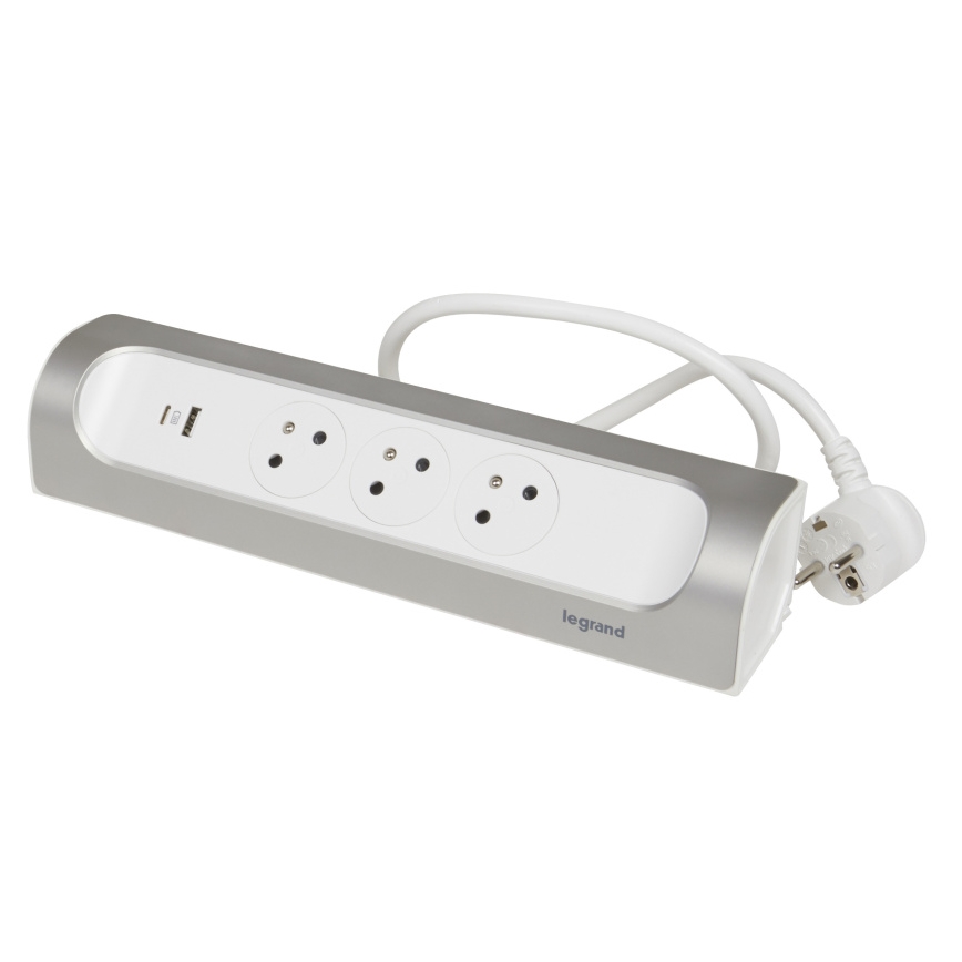 Legrand 049406 - Cable de extensión 3 enchufes Tipo E + USB-A + USB-C 1 m plateado/blanco