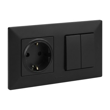 Legrand - Interruptor doble de escalera 6+6 y enchufe doméstico SCHUKO con marco NILOE STEP 250V negro