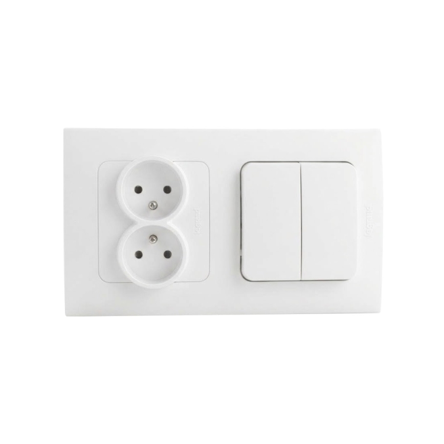 Legrand - Toma de corriente doble para uso doméstico y doble interruptor de serie n.º 5 con marco NILOE STEP 250V blanco