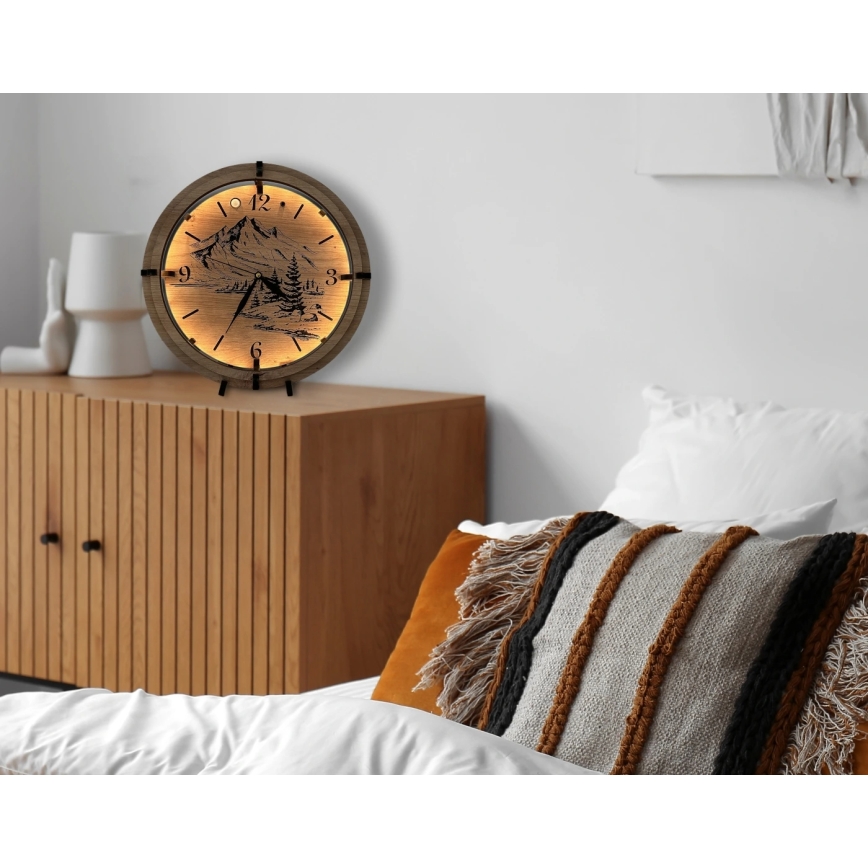 Li-Go 23697/DUB/BAT2 - Reloj LED regulable con sensor de movimiento LED/10W/5V 20000 mAh + 1xAA Ø 32 cm roble/Montañas