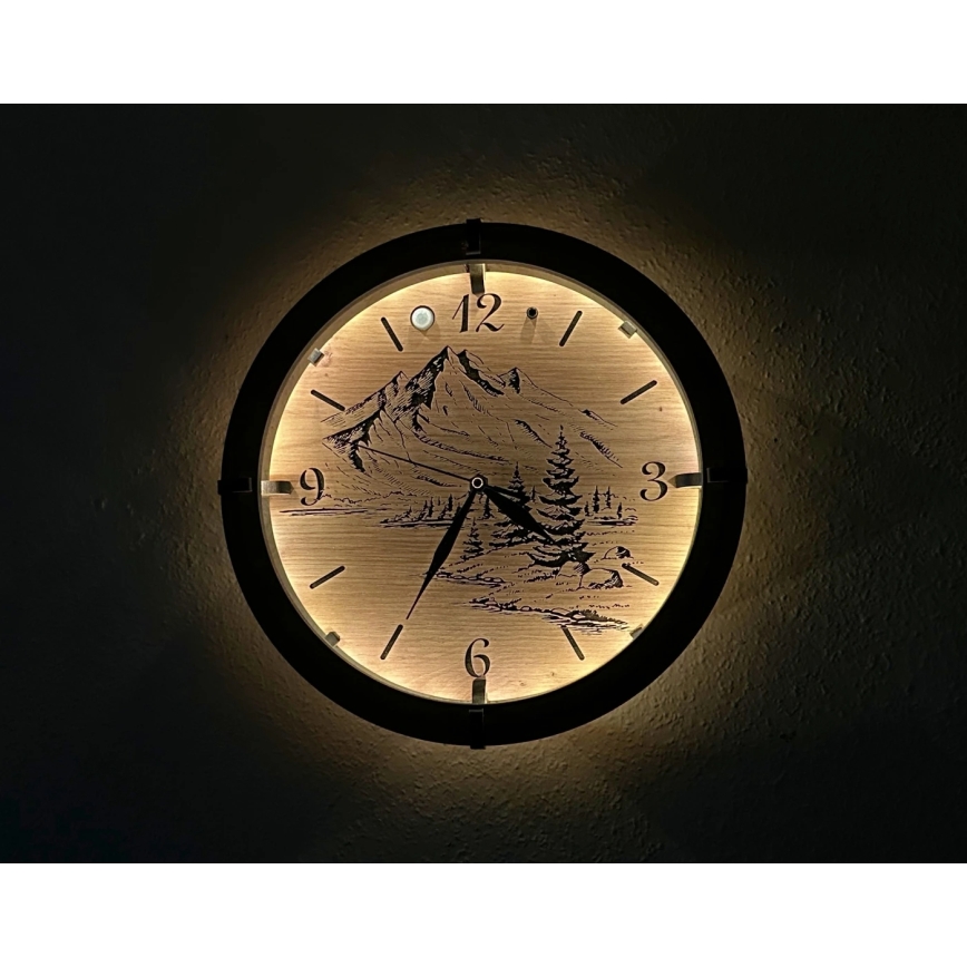 Li-Go 23697/DUB/BAT2 - Reloj LED regulable con sensor de movimiento LED/10W/5V 20000 mAh + 1xAA Ø 32 cm roble/Montañas