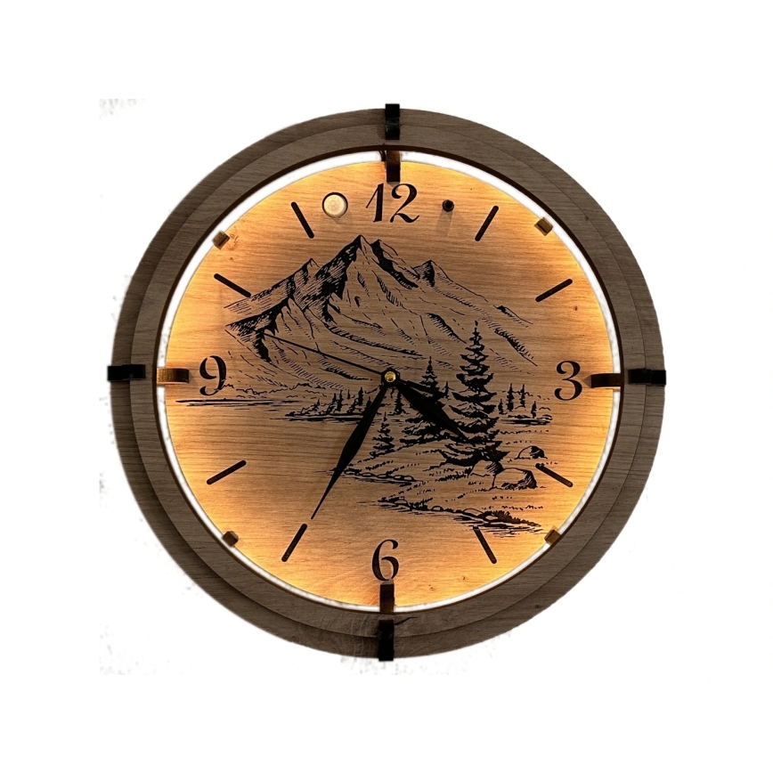 Li-Go 23697/DUB/BAT2 - Reloj LED regulable con sensor de movimiento LED/10W/5V 20000 mAh + 1xAA Ø 32 cm roble/Montañas