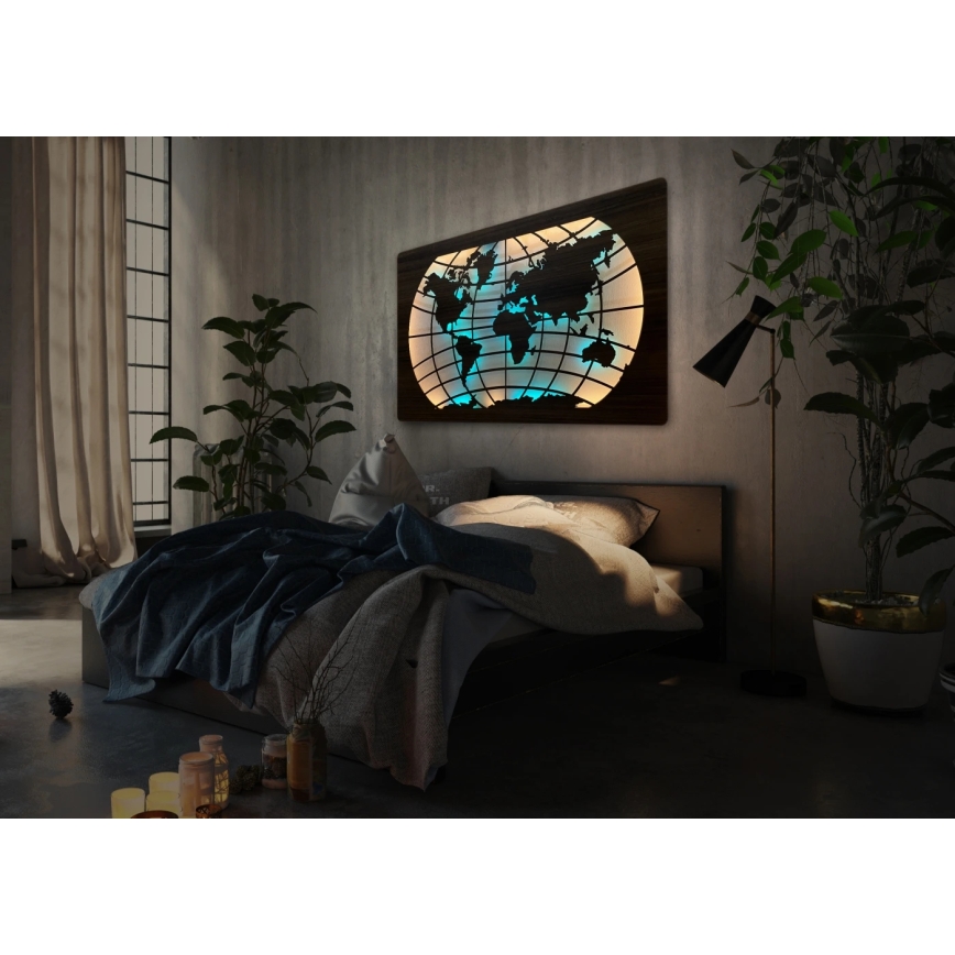 Li-Go 4709/DUB2 - LED RGBW decoración de pared regulable LED/24W/230V 125x74 cm roble/Mapa del mundo paralelos + mando a distancia