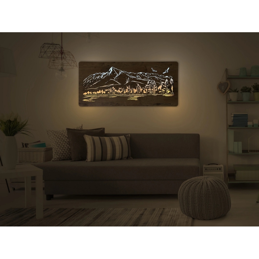Li-Go 5589/A/DUB2 - Decoración mural LED regulable LED/10W/5V 30000 mAh 110x50 cm roble/Montañas con pájaros