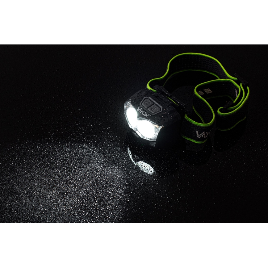 Linterna frontal LED recargable y regulable con sensor y luz roja 2xLED/5W/5V/3xAAA IP65 500 brillante 1200 mAh