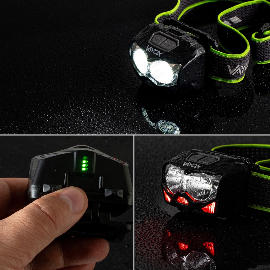 Linterna frontal LED recargable y regulable con sensor y luz roja 2xLED/5W/5V/3xAAA IP65 500 brillante 1200 mAh