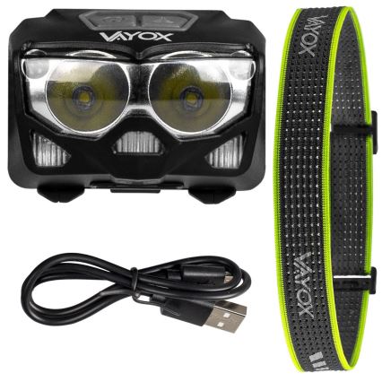 Linterna frontal LED recargable y regulable con sensor y luz roja 2xLED/5W/5V/3xAAA IP65 500 brillante 1200 mAh