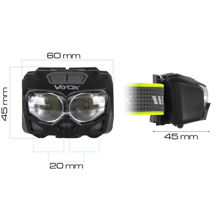 Linterna frontal LED recargable y regulable con sensor y luz roja 2xLED/5W/5V/3xAAA IP65 500 brillante 1200 mAh