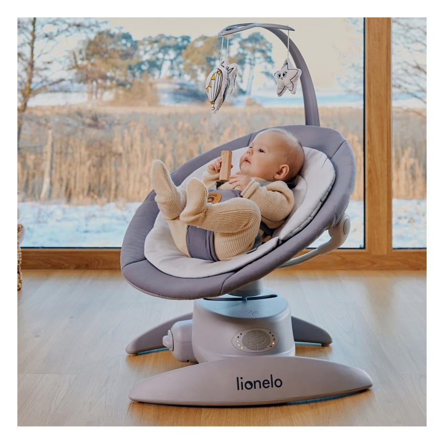 Lionelo - Columpio para bebé con melodía MELL Grey Stone 4xAA + control remoto