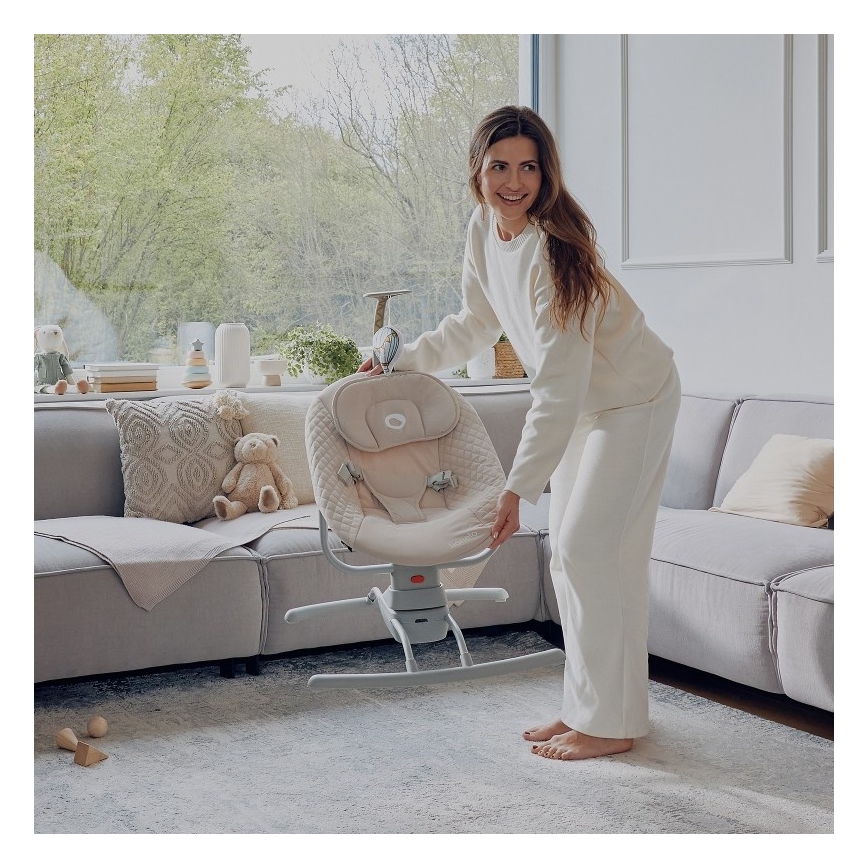 Lionelo - Mecedora infantil con melodía RIO 4xC Beige Latte + mando a distancia