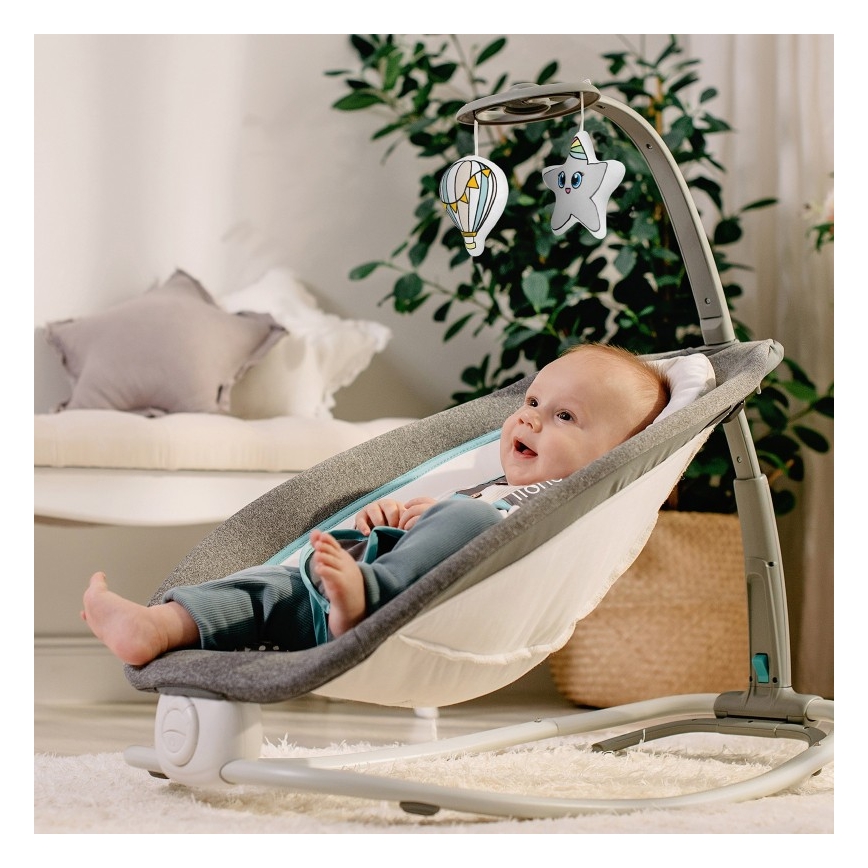 Lionelo - Mecedora vibratoria infantil con melodía PASCAL 2xAA gris/turquesa
